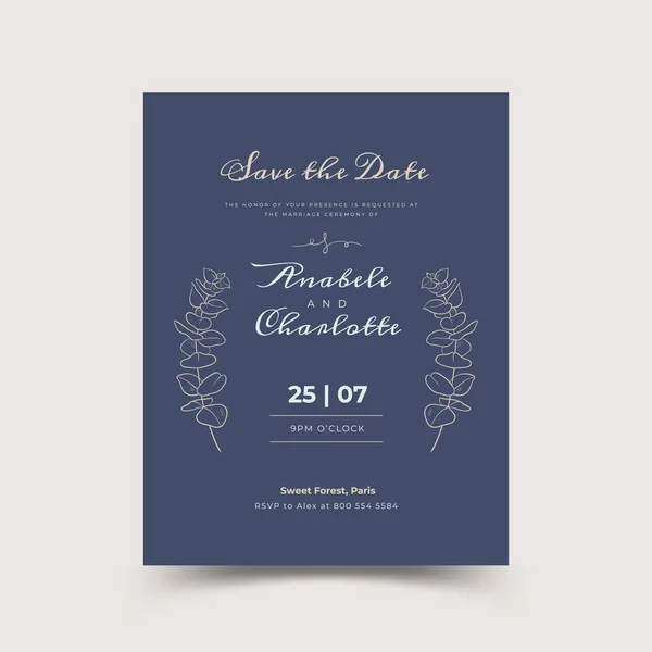 Kartenset Mit Line Art Blatt Und Brunch Hochzeitsschmuck Konzept Florales — Stockvektor
