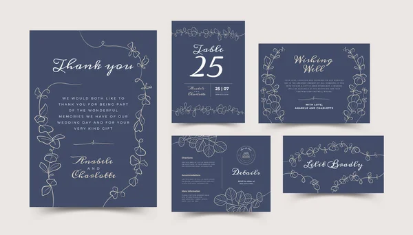 Set Card Line Art Leaf Brunch Wedding Ornament Concept Floral — 图库矢量图片