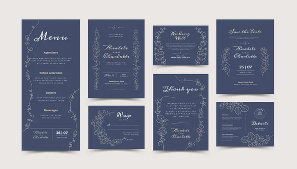 Set Card Line Art Leaf Brunch Wedding Ornament Concept Floral — Stockvector