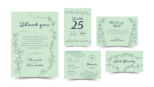 Kartenset Mit Line Art Blatt Und Brunch Hochzeitsschmuck Konzept Florales — Stockvektor