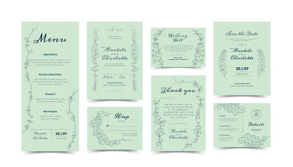 ラインアートリーフとブランチ付きのカードのセット 結婚式の飾りの概念 花のポスター招待状 ベクトル装飾グリーティングカード招待状デザインの背景 — ストックベクタ