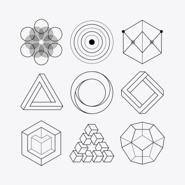 Vektör soyut modern set geometrik simge tasarımı trend doğrusal tarzda. Minimum geometrik kavramlar ve rozetler. Kimlik ve logotlar için en iyisi. Basit şekil.