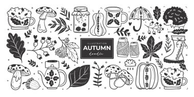 Elle çizilmiş sonbahar karalaması renksiz çizimler. Şirin vektör nesneleri kümesi. Poster, arkaplan veya kart çizimleri.