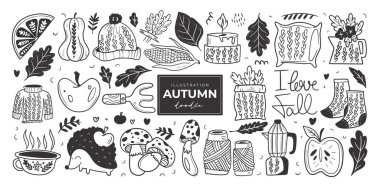 Elle çizilmiş sonbahar karalaması renksiz çizimler. Şirin vektör nesneleri kümesi. Poster, arkaplan veya kart çizimleri.