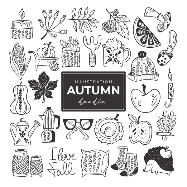 Mão Desenhado Outono Doodle Ilustrações Incolores Conjunto Objetos Vetoriais Bonitos — Vetor de Stock