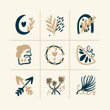 Soyut boho vektör şekilleri. Moda tasarımı için Doodle ikonu, yaz sezonu veya doğal konsept. Modern el çizimi resimleme.