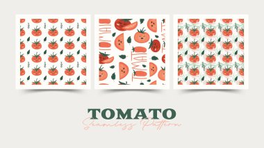 Domates çizgi filmi kusursuz desen seti. Beyaz bir arka planda izole edilmiş. Sevimli karakter tasarımı. Vektör İllüstrasyonu.