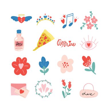 Sevgililer Günü vektör çizimi seti. Moda renk paleti ve sevimli romantik unsurlar. Doodle tarzı.
