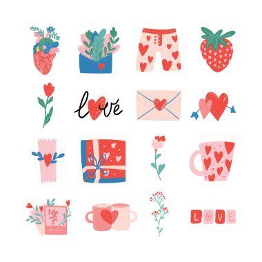 Sevgililer Günü vektör çizimi seti. Moda renk paleti ve sevimli romantik unsurlar. Doodle tarzı.