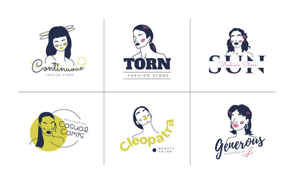 Ручной рисунок моды женщины шаблон набор логотипа. Векторная иллюстрация в стиле Дудла.