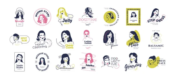 Набір Шаблонів Жіночого Логотипу Намальованого Рукою Стиль Doodle Векторні Ілюстрації — стоковий вектор