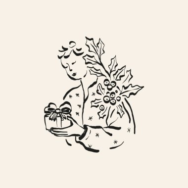 Minimalist Christmas vector illustration in hand-drawn line art style. Festive design for cards, posters, prints, and modern holiday greetings.