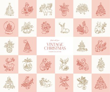 El çizimi sanat tarzında minimalist Noel vektör çizimleri. Kartlar, posterler, hediye tasarımları ve modern bayram kutlamaları için şenlikli öğeler.