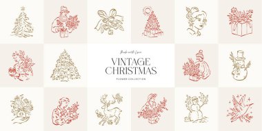 El çizimi sanat tarzında minimalist Noel vektör çizimleri. Kartlar, posterler, hediye tasarımları ve modern bayram kutlamaları için şenlikli öğeler.