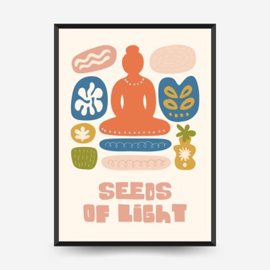 Sakin enerji ve meditasyondan esinlenen minimum vektör posteri. Soyut yoga silueti, yumuşak çizgiler ve doğal denge. Modern duvar sanatı ve dikkatli tasarım için mükemmel..