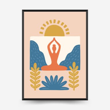 Sakin enerji ve meditasyondan esinlenen minimum vektör posteri. Soyut yoga silueti, yumuşak çizgiler ve doğal denge. Modern duvar sanatı ve dikkatli tasarım için mükemmel..