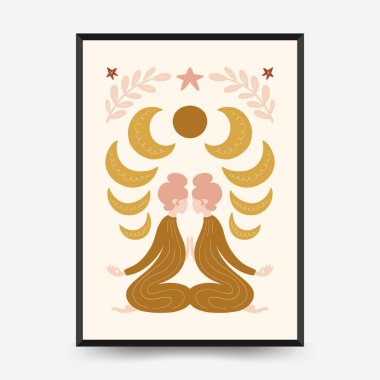 Sakin enerji ve meditasyondan esinlenen minimum vektör posteri. Soyut yoga silueti, yumuşak çizgiler ve doğal denge. Modern duvar sanatı ve dikkatli tasarım için mükemmel..