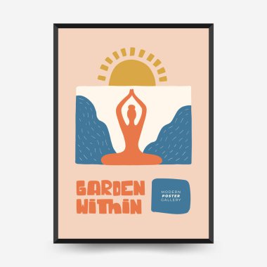 Sakin enerji ve meditasyondan esinlenen minimum vektör posteri. Soyut yoga silueti, yumuşak çizgiler ve doğal denge. Modern duvar sanatı ve dikkatli tasarım için mükemmel..