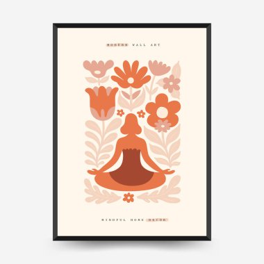 Sakin enerji ve meditasyondan esinlenen minimum vektör posteri. Soyut yoga silueti, yumuşak çizgiler ve doğal denge. Modern duvar sanatı ve dikkatli tasarım için mükemmel..