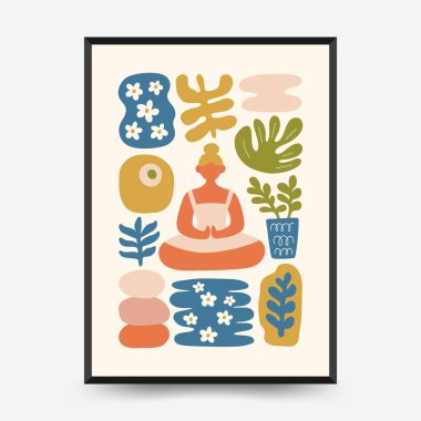 Sakin enerji ve meditasyondan esinlenen minimum vektör posteri. Soyut yoga silueti, yumuşak çizgiler ve doğal denge. Modern duvar sanatı ve dikkatli tasarım için mükemmel..