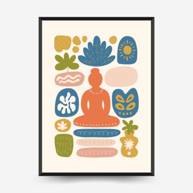 Sakin enerji ve meditasyondan esinlenen minimum vektör posteri. Soyut yoga silueti, yumuşak çizgiler ve doğal denge. Modern duvar sanatı ve dikkatli tasarım için mükemmel..