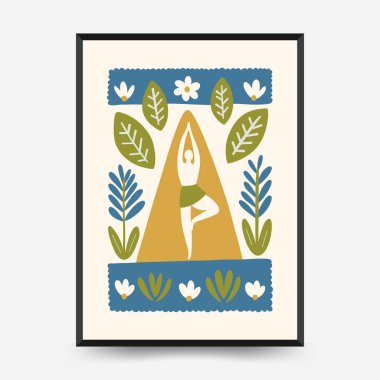 Sakin enerji ve meditasyondan esinlenen minimum vektör posteri. Soyut yoga silueti, yumuşak çizgiler ve doğal denge. Modern duvar sanatı ve dikkatli tasarım için mükemmel..