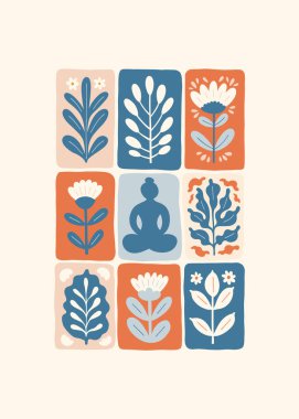 Meditasyondan ve sakin enerjiden esinlenilmiş minimum vektör çizimi. Yoga pozları, soyut şekiller, ve doğal uyum dikkatli tasarım için mükemmel, modern duvar sanatı.