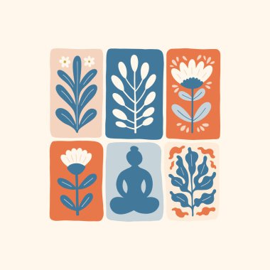 Meditasyondan ve sakin enerjiden esinlenilmiş minimum vektör çizimi. Yoga pozları, soyut şekiller, ve doğal uyum dikkatli tasarım için mükemmel, modern duvar sanatı.