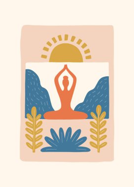Meditasyondan ve sakin enerjiden esinlenilmiş minimum vektör çizimi. Yoga pozları, soyut şekiller, ve doğal uyum dikkatli tasarım için mükemmel, modern duvar sanatı.