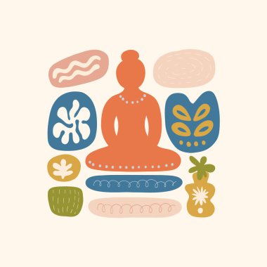 Meditasyondan ve sakin enerjiden esinlenilmiş minimum vektör çizimi. Yoga pozları, soyut şekiller, ve doğal uyum dikkatli tasarım için mükemmel, modern duvar sanatı.