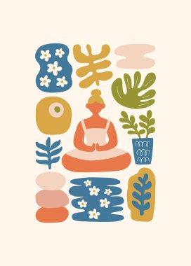 Meditasyondan ve sakin enerjiden esinlenilmiş minimum vektör çizimi. Yoga pozları, soyut şekiller, ve doğal uyum dikkatli tasarım için mükemmel, modern duvar sanatı.