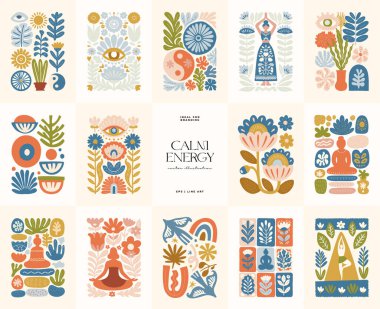 Meditasyondan ve sakin enerjiden esinlenilmiş minimum vektör çizimi. Yoga pozları, soyut şekiller, ve doğal uyum dikkatli tasarım için mükemmel, modern duvar sanatı.