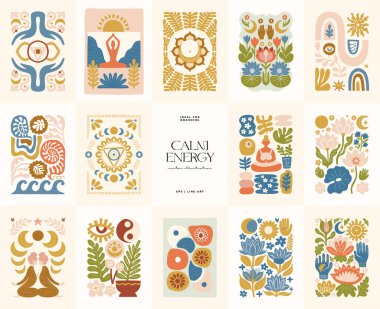 Meditasyondan ve sakin enerjiden esinlenilmiş minimum vektör çizimi. Yoga pozları, soyut şekiller, ve doğal uyum dikkatli tasarım için mükemmel, modern duvar sanatı.