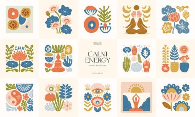 Meditasyondan ve sakin enerjiden esinlenilmiş minimum vektör çizimi. Yoga pozları, soyut şekiller, ve doğal uyum dikkatli tasarım için mükemmel, modern duvar sanatı.