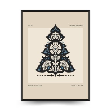 Mutlu Noeller ve mutlu noeller linocut poster şablonu. Modern trend Matisse minimal tarzı. Duvar kağıdı, duvar dekoru, baskı, kartpostal, kapak, şablon, pankart için el çizimi tasarımı.