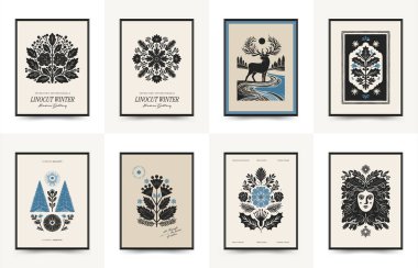 Mutlu Noeller ve mutlu noeller linocut poster şablonu. Modern trend Matisse minimal tarzı. Duvar kağıdı, duvar dekoru, baskı, kartpostal, kapak, şablon, pankart için el çizimi tasarımı.