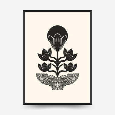 Şekillendirilmiş bitki ve dairesel güneş motifli minimalist soyut vektör posteri