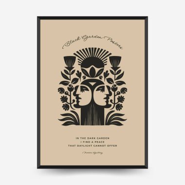 Üç stilize yüzlü soyut vektör posteri ve botanik güneş patlaması bileşimi