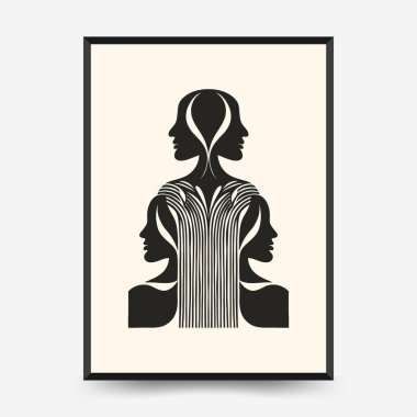 Üç biçimlendirilmiş insan profili ve akış çizgilerine sahip soyut vektör posteri