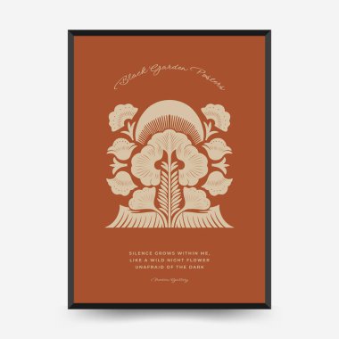 Şekillendirilmiş simetrik çiçek ve ışıldayan güneş motifli soyut vektör posteri