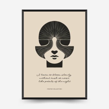 Şekillendirilmiş insan yüzü ve yayılan çizgi bileşimine sahip soyut vektör posteri