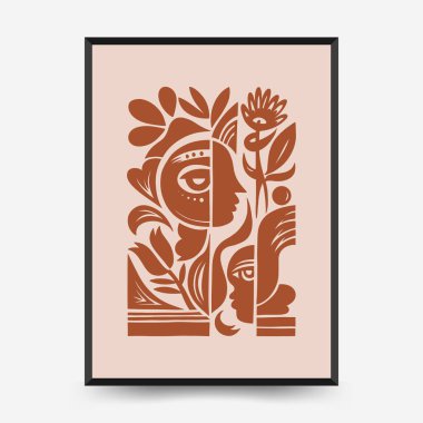 Şekillendirilmiş insan yüzleri ve dikey üç parçalı botanik elementlere sahip soyut vektör posteri