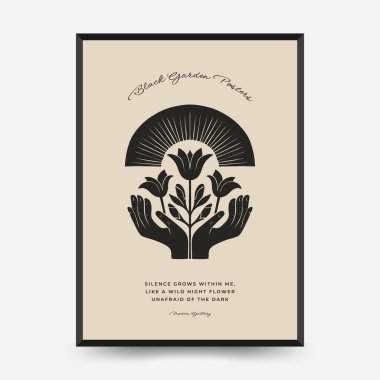 Şekil verilmiş elleri, çiçek açan çiçekleri ve ışıl ışıl güneş ışığıyla soyut vektör posteri