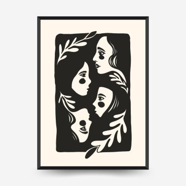 Dört stilize insan profili ve botanik aksanlı soyut vektör posteri