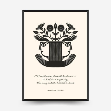 Çift insan profilli ve çiçek açan soyut vektör posteri