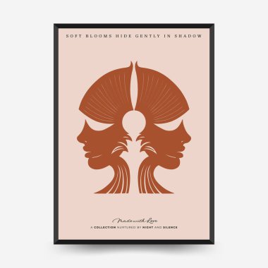 Aynalı insan profilleri ve fan benzeri çiçek kompozisyonu olan soyut vektör posteri