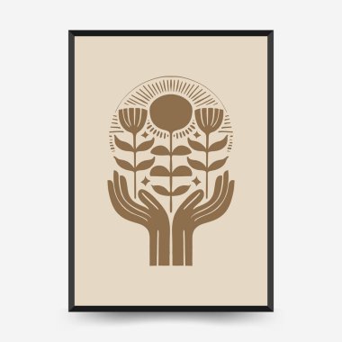 Şekil verilmiş elleri, simetrik bitkileri ve ışıl ışıl güneşi olan soyut vektör posteri