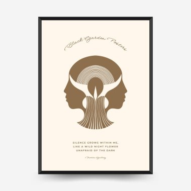 Yansıtılmış insan profilleri ve parlak alev bileşimine sahip soyut vektör posteri