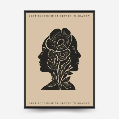 Yansıtılmış insan profilleri ve çiçek bileşimine sahip soyut vektör posteri