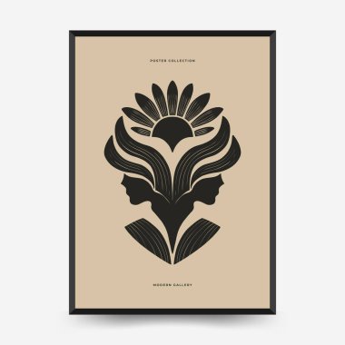 Aynalı insan profilleri ve biçimlendirilmiş güneş çiçeği motifli soyut vektör posteri